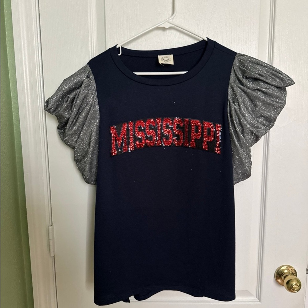 Fantastic Fawn Ole Miss Sequin Shirt with Glitter Sleeves size L NWOT